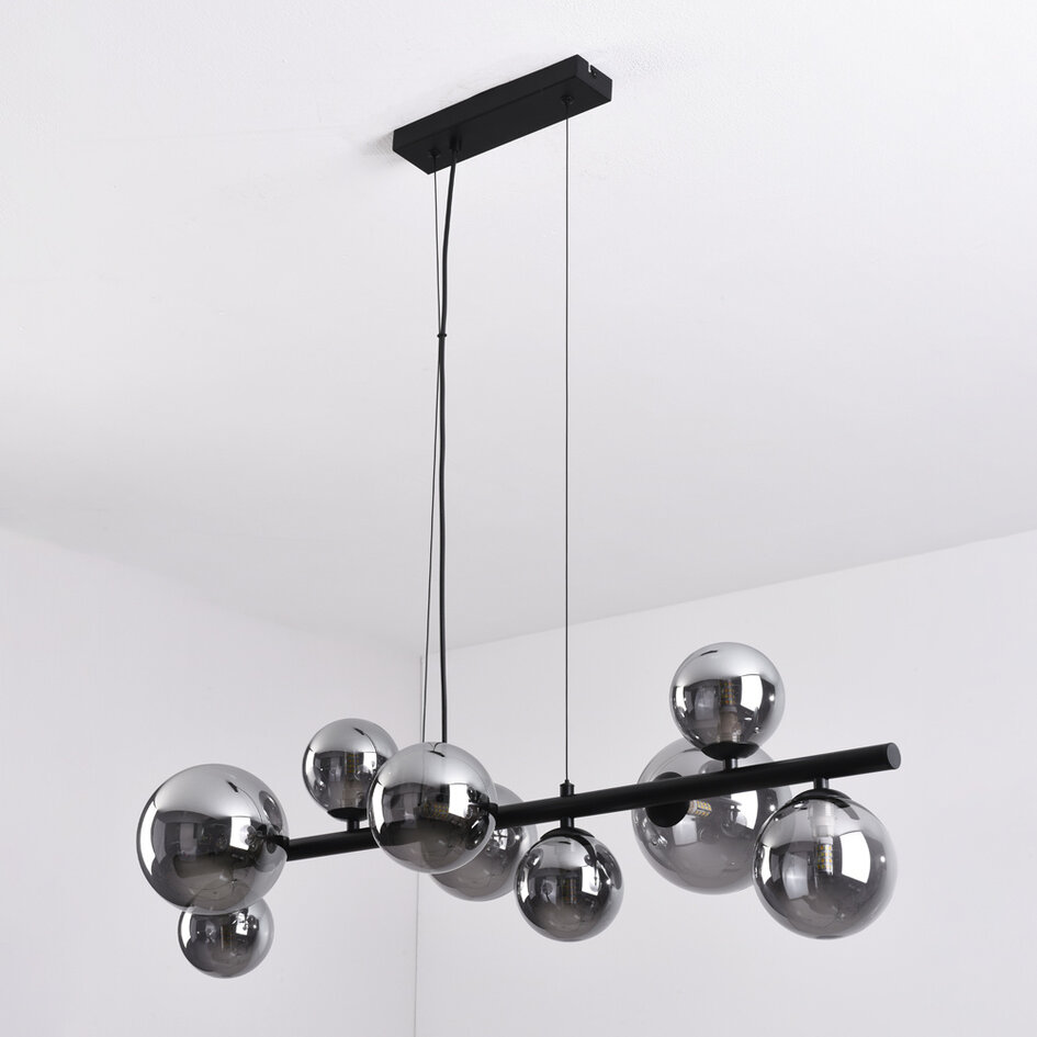 9-lichts hanglamp Ennea - smoke glas met spiegeleffect en zwart