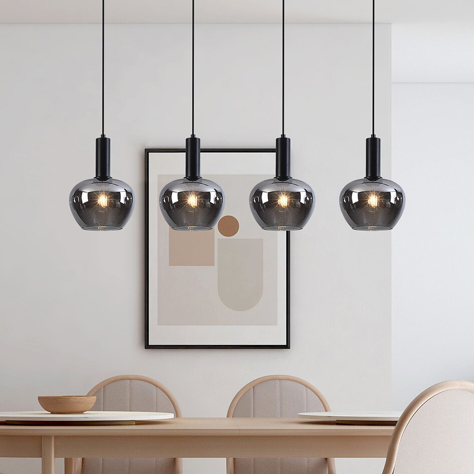 4-lichts hanglamp Ilvy in appelvormig rookglas - zwart