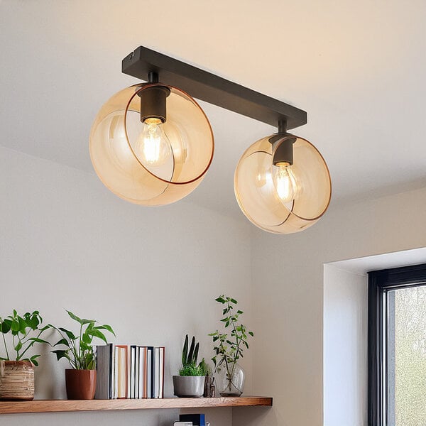 2-lichts plafondlamp Orbitique - zwart met amber glas