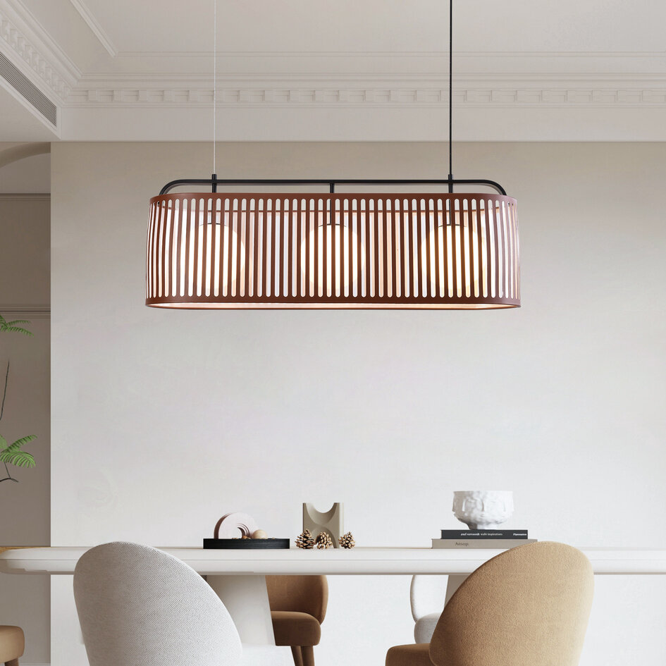 3-lichts hanglamp Marrone - bruine leren kap met melkwitte glazen