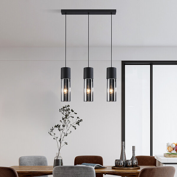 Zwarte hanglamp met 3-lichts en smoke glas - Esila