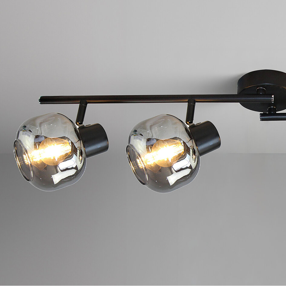 Zwarte plafondlamp met smoke glas en spiegeleffect, 4-lichts - Jenthe