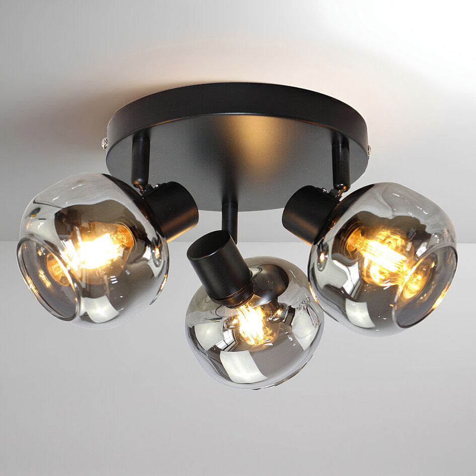 Ronde plafondlamp zwart met smoke glas en spiegeleffect, 3-lichts - Jenthe