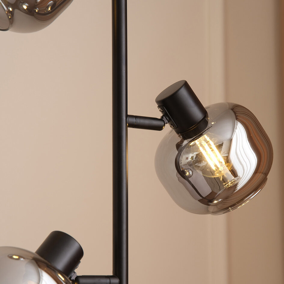 Zwarte staande lamp met smoke grijs glas en spiegeleffect, 4-lichts - Jesse
