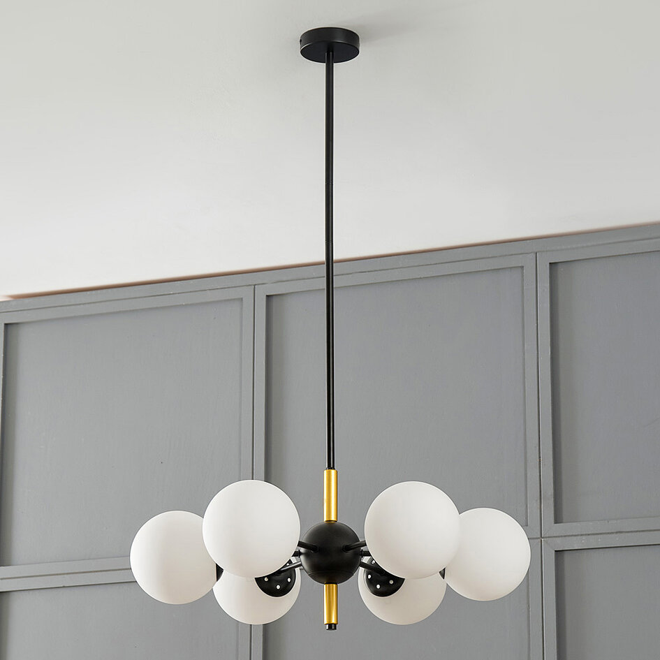 Design hanglamp Callie zwart met melkwit glas, 6-lichts