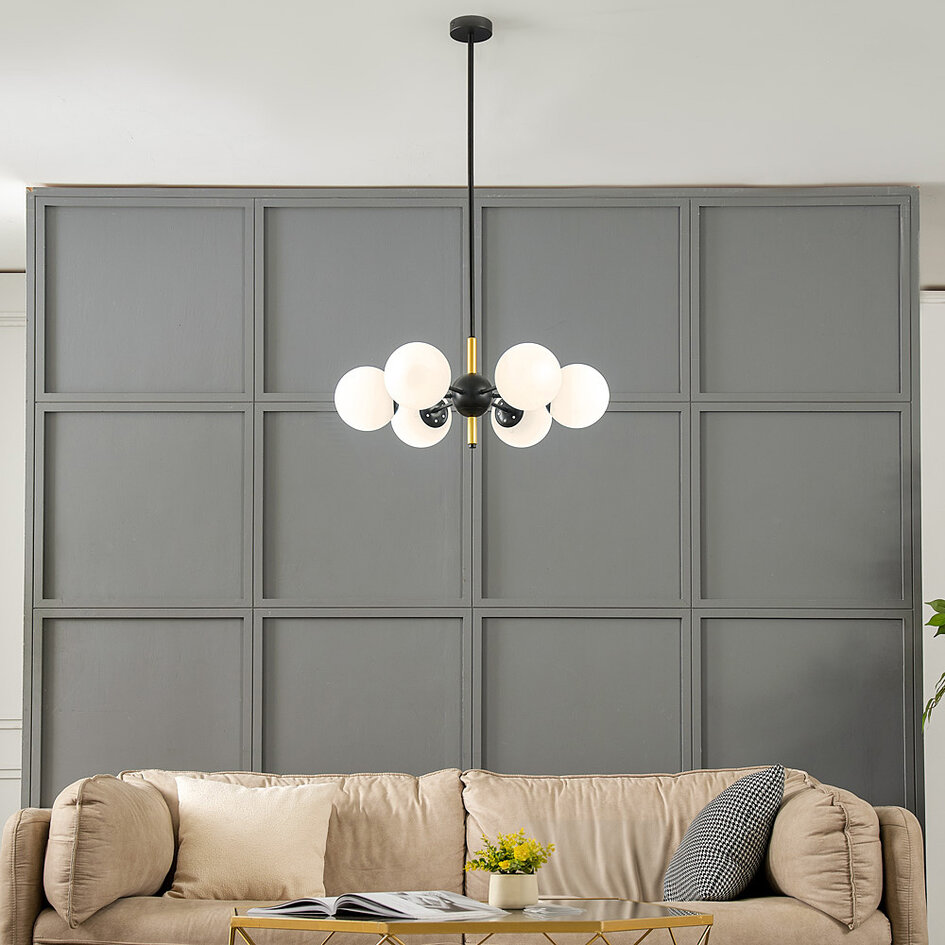 Design hanglamp Callie zwart met melkwit glas, 6-lichts