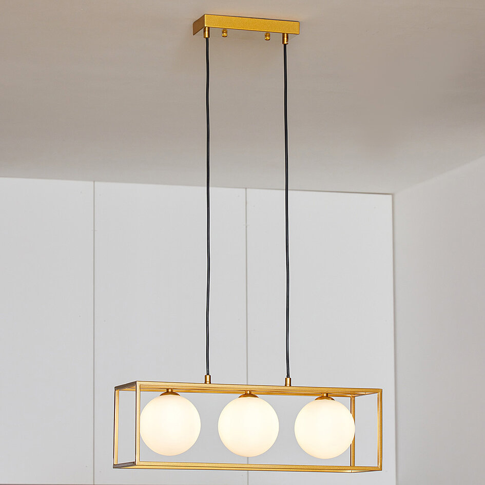 Hanglamp met vierkant gouden frame en melkwit glas, 3-lichts - Gabia
