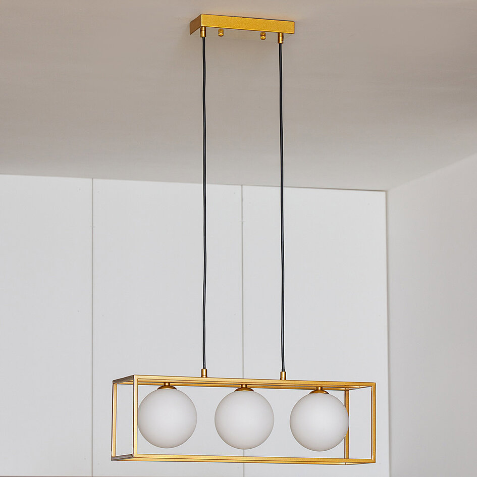Hanglamp met vierkant gouden frame en melkwit glas, 3-lichts - Gabia