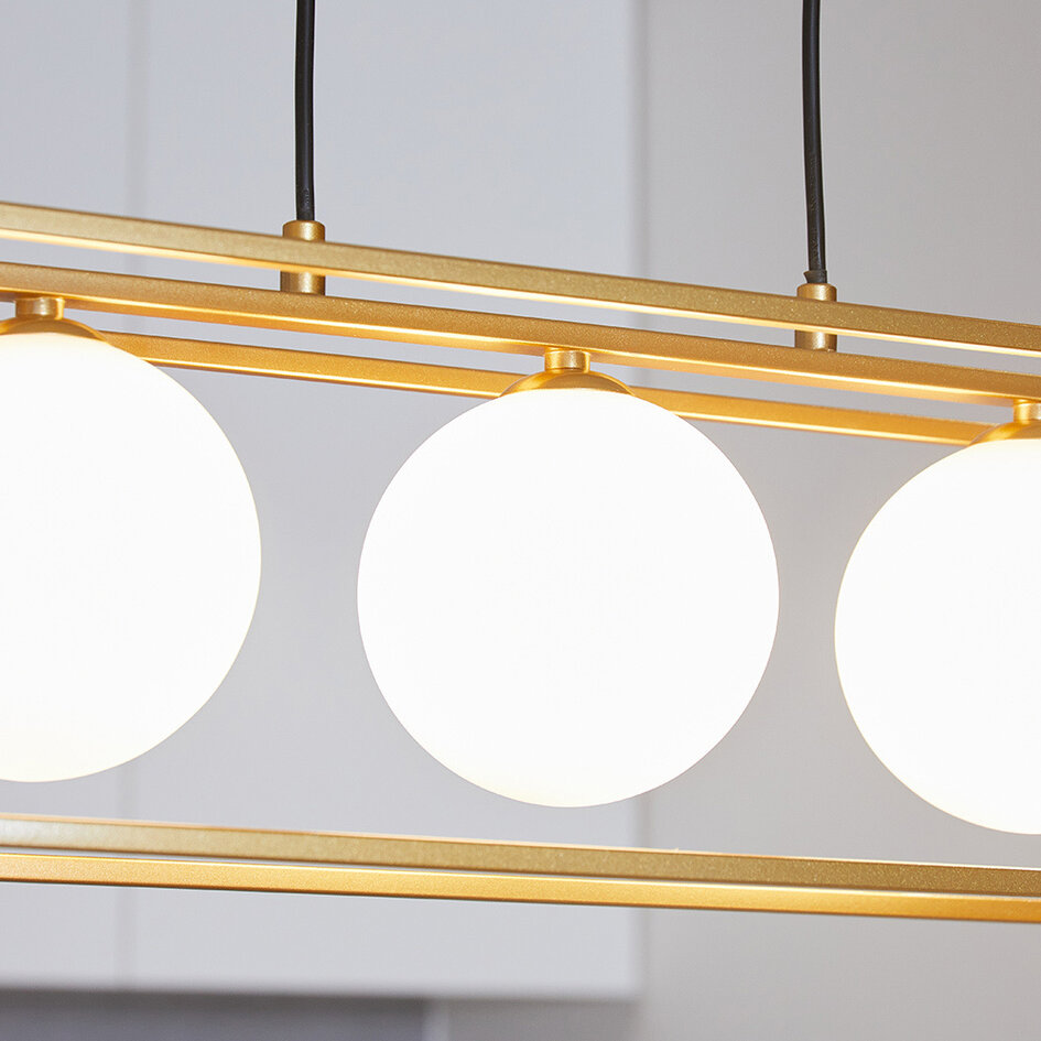 3-lichts hanglamp Gabia - goud vierkant frame met melkwit glas