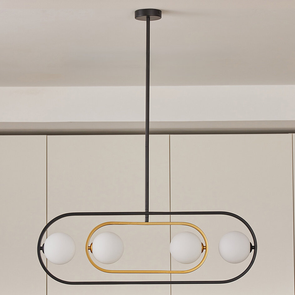 4-lichts design hanglamp Gaio - zwart en goud met melkwit glas