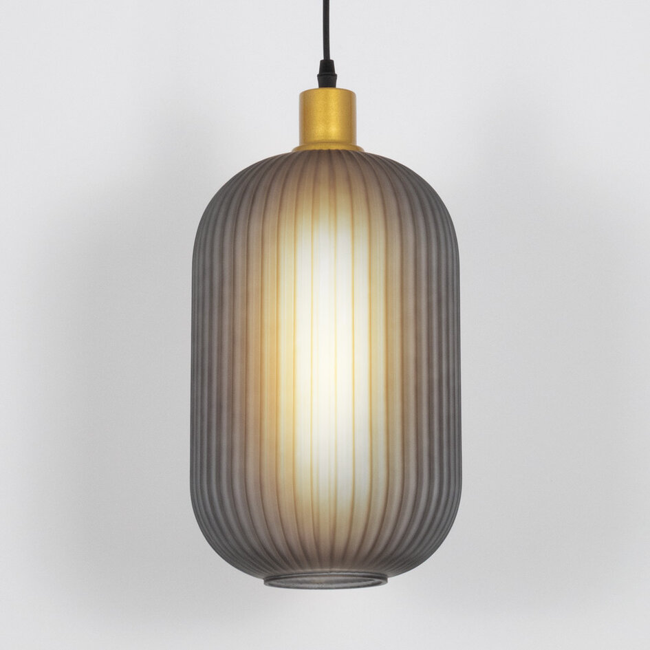 Retro hanglamp Doran van geribbeld glas - grijs en goud