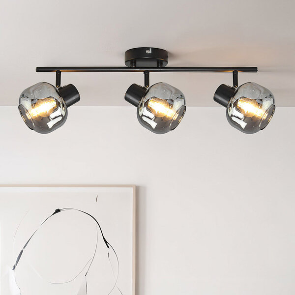 Zwarte plafondlamp met smoke glas en spiegeleffect, 3-lichts - Jenthe
