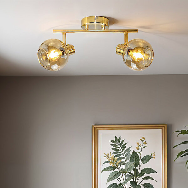 2-lichts plafondlamp Jenthe - goud met amber glas