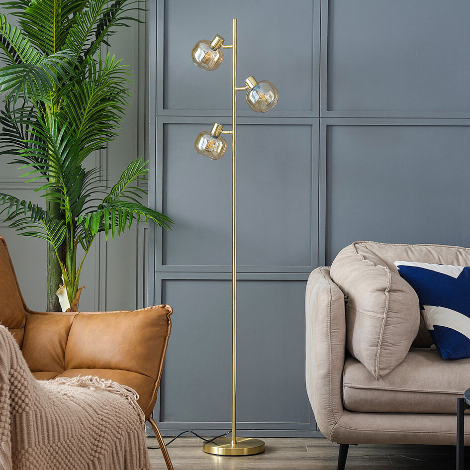 Staande lamp goud met amber glas, 3-lichts - Jesse