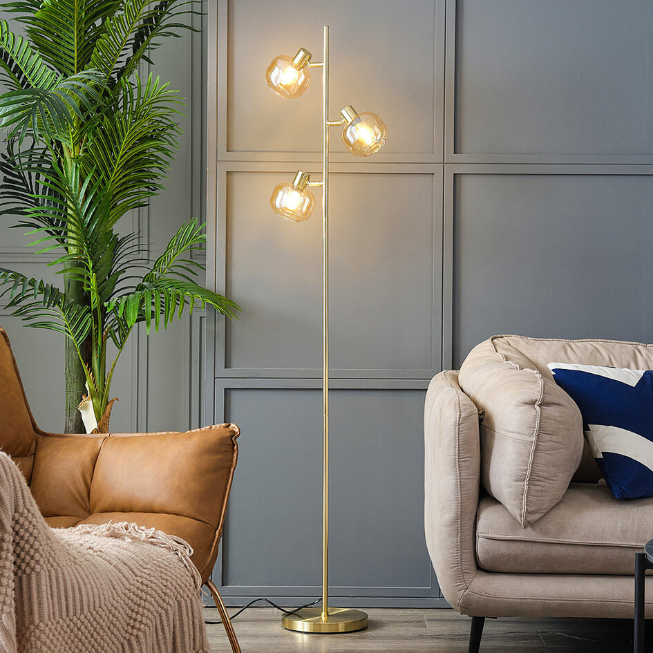 Staande lamp goud met amber glas, 3-lichts - Jesse