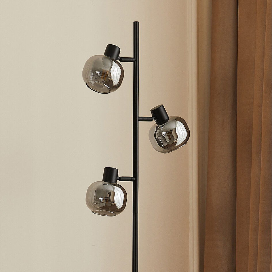 Zwarte staande lamp met smoke grijs glas en spiegeleffect, 3-lichts - Jesse