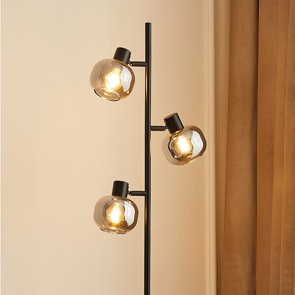 Zwarte staande lamp met smoke grijs glas en spiegeleffect, 3-lichts - Jesse