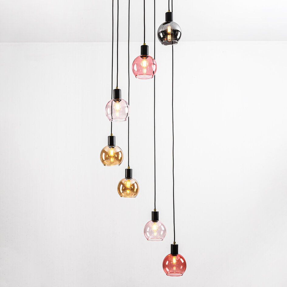 Hanglamp zwart met amber, smoke en roze glas, 7-lichts - Monroe
