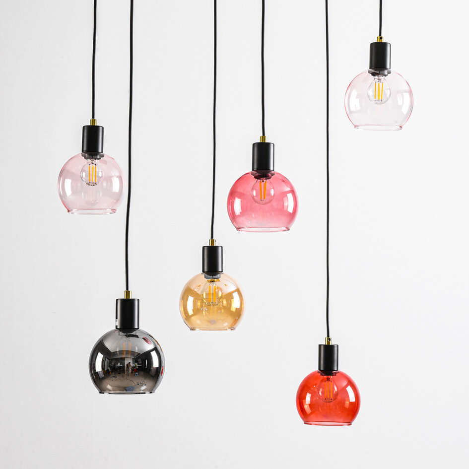 6-lichts hanglamp zwart met smoke, amber en roze glas - Minot