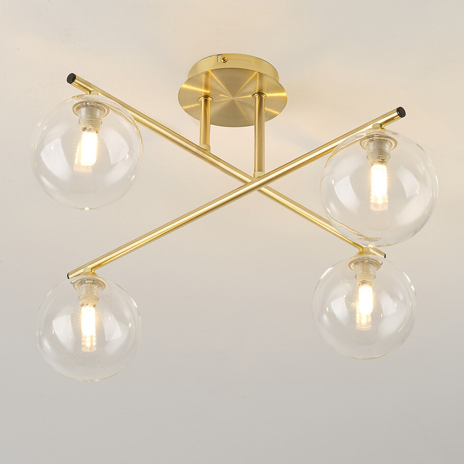 Elegante plafondlamp, 4-lichts goud met transparant glas - Nymo