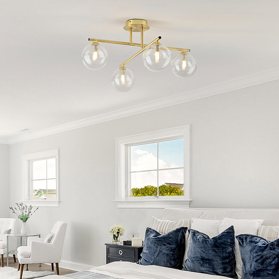 Elegante plafondlamp, 4-lichts goud met transparant glas - Nymo