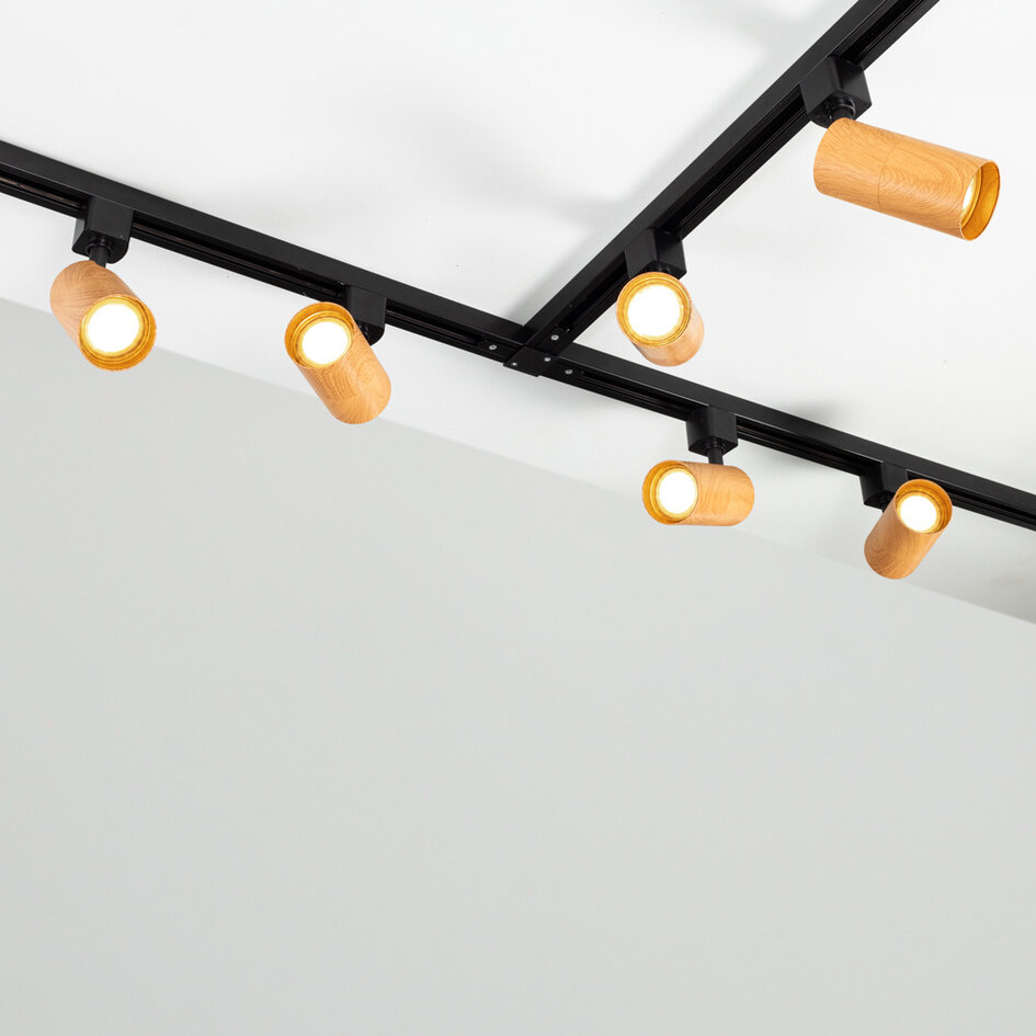 1-fase railsysteem set van 3 meter met Loek spots, zwart mahonie houtlook