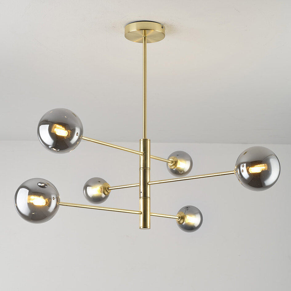 Plafondlamp Sest goud met smoke glas, 6-lichts