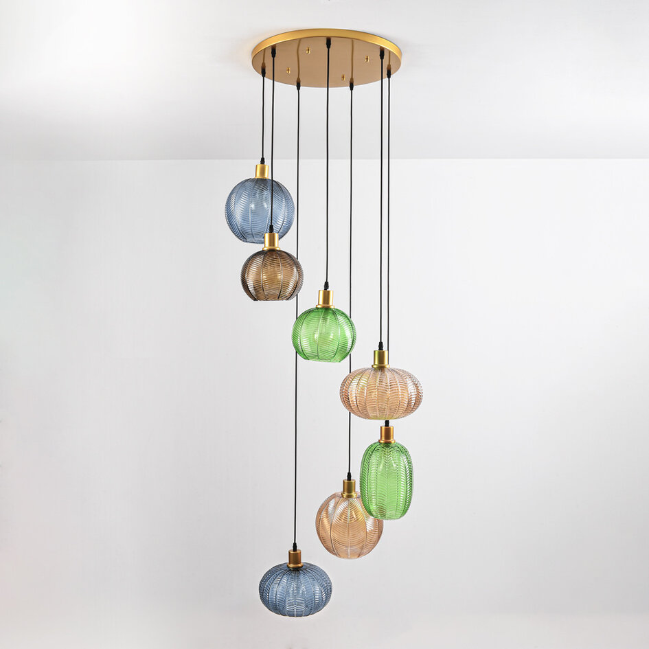 7-lichts hanglamp Altair - verschillende kleuren geribbeld glas