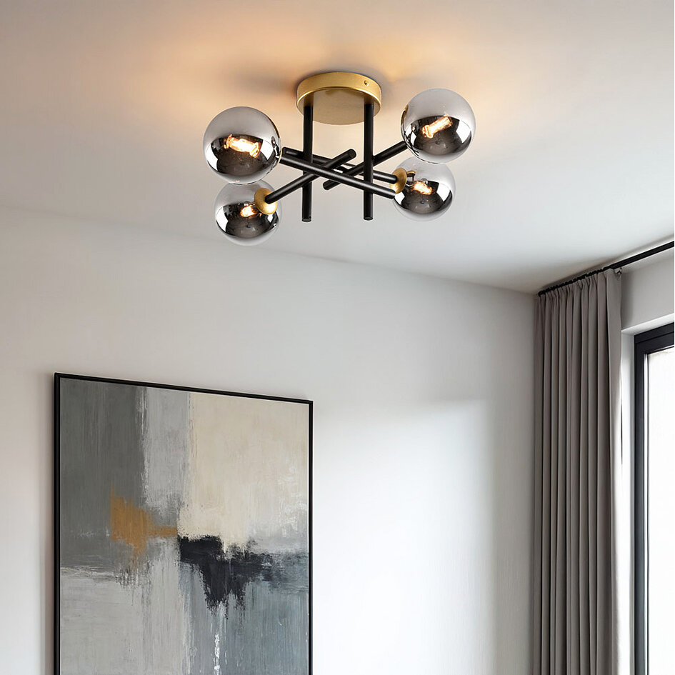 Plafondlamp Caleb, 4-lichts - Smoke glas met spiegeleffect