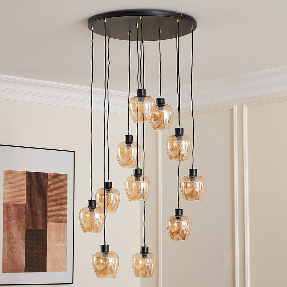 11-lichts hanglamp zwart met amber glas - Hanford