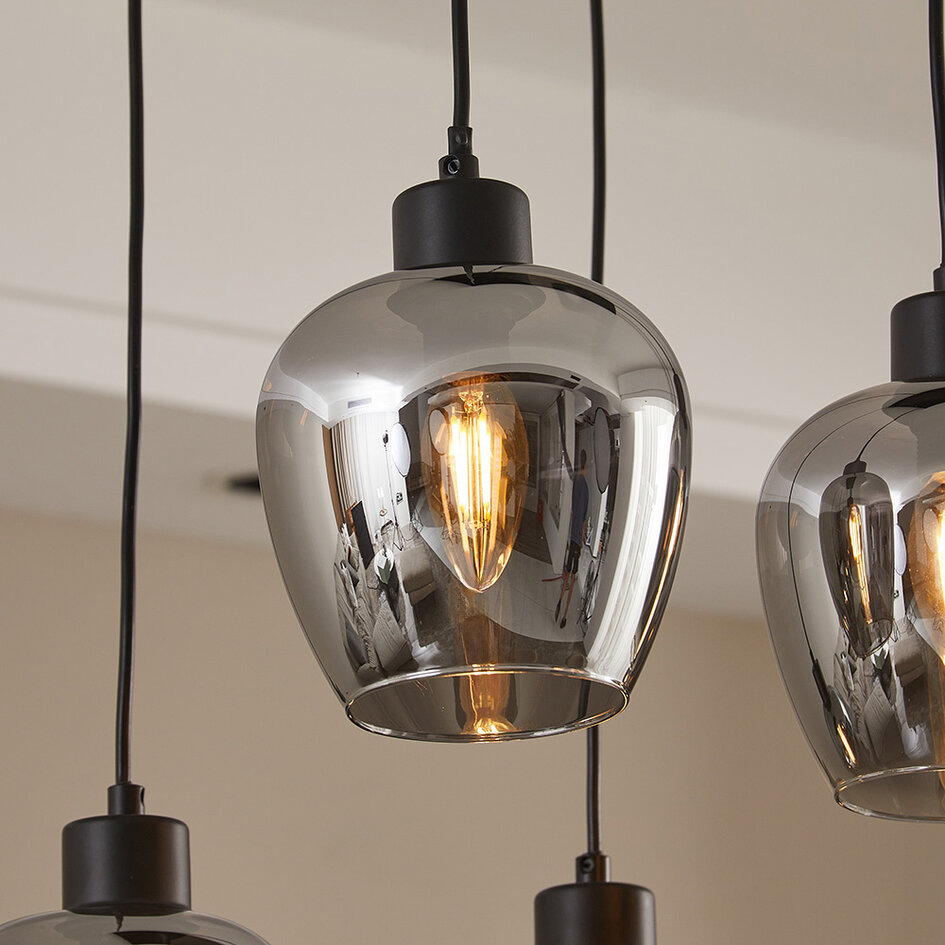 10-lichts hanglamp zwart met smoke grijs glas - Stafford
