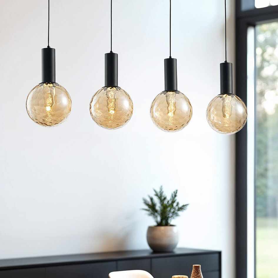 4-lichts zwarte hanglamp met amber glas - Anglia