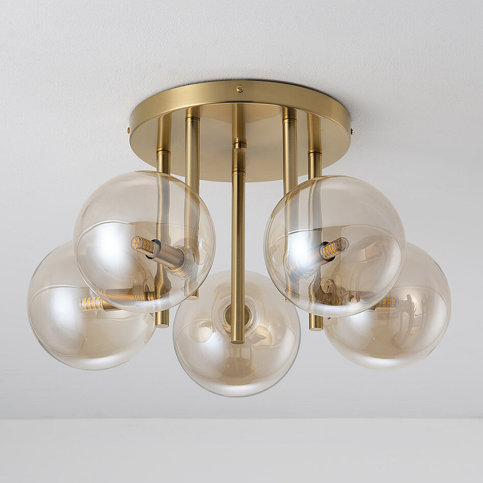 5-lichts plafondlamp Amora - messing en cognac glas