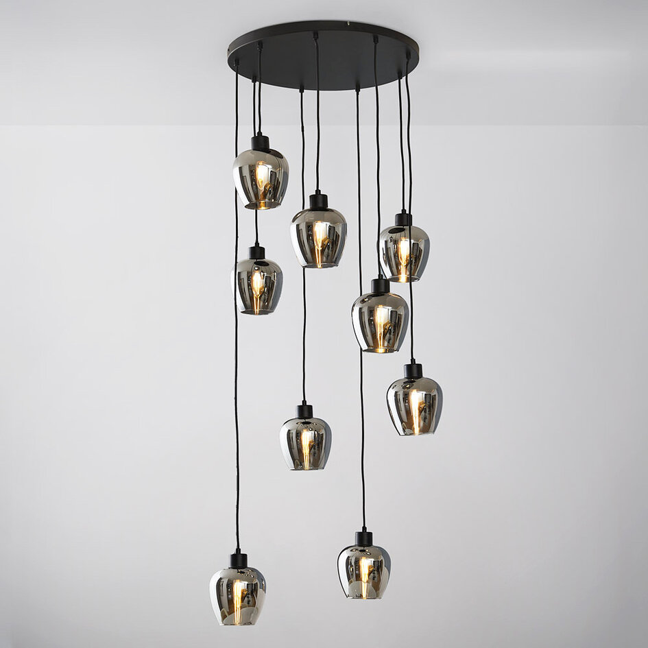 9-lichts hanglamp Alturas - zwart met smoke grijs glas