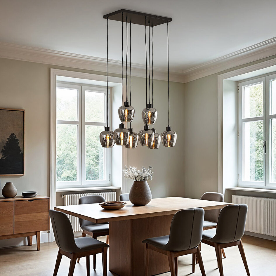 8-lichts hanglamp zwart met smoke grijs glas - Sidney