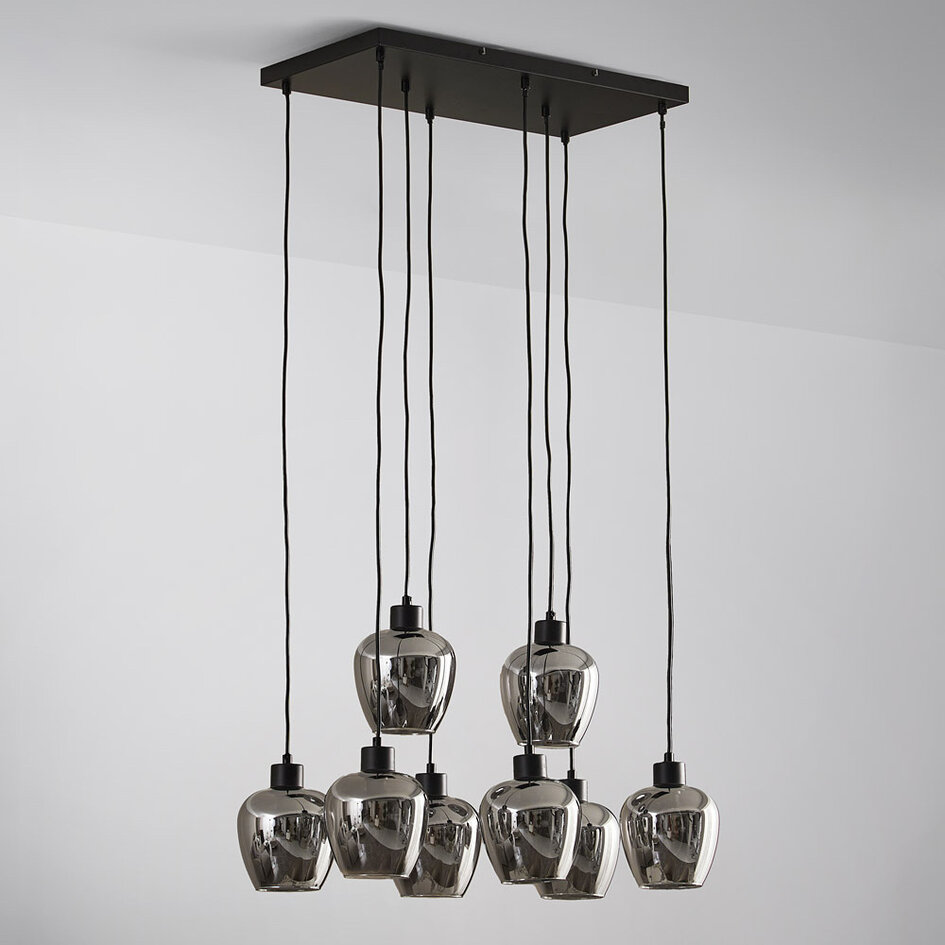 8-lichts hanglamp zwart met smoke grijs glas - Sidney