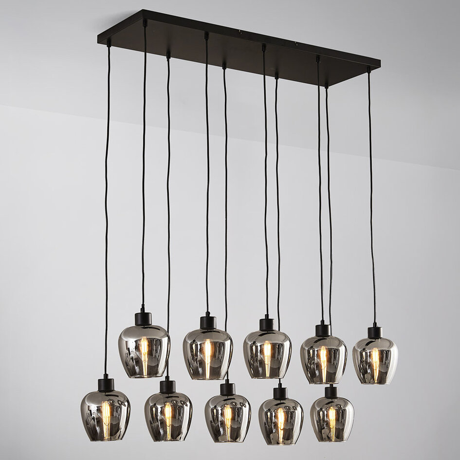 10-lichts hanglamp zwart met smoke grijs glas - Stafford