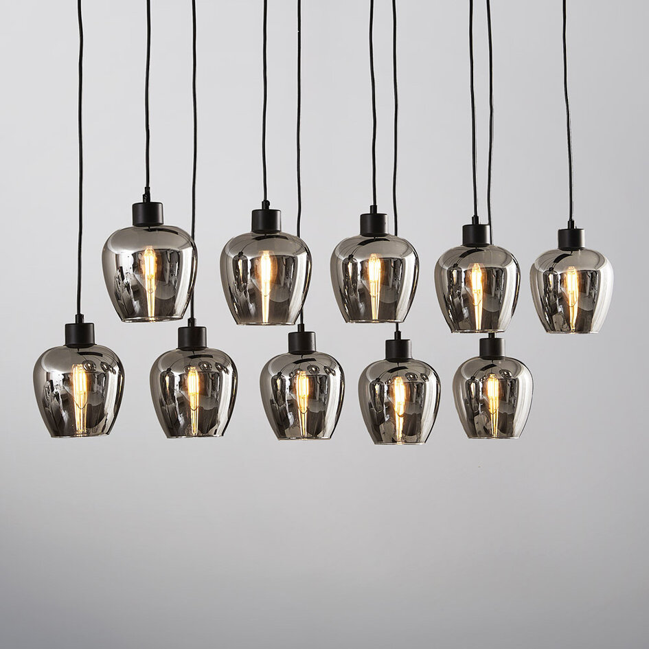 10-lichts hanglamp zwart met smoke grijs glas - Stafford