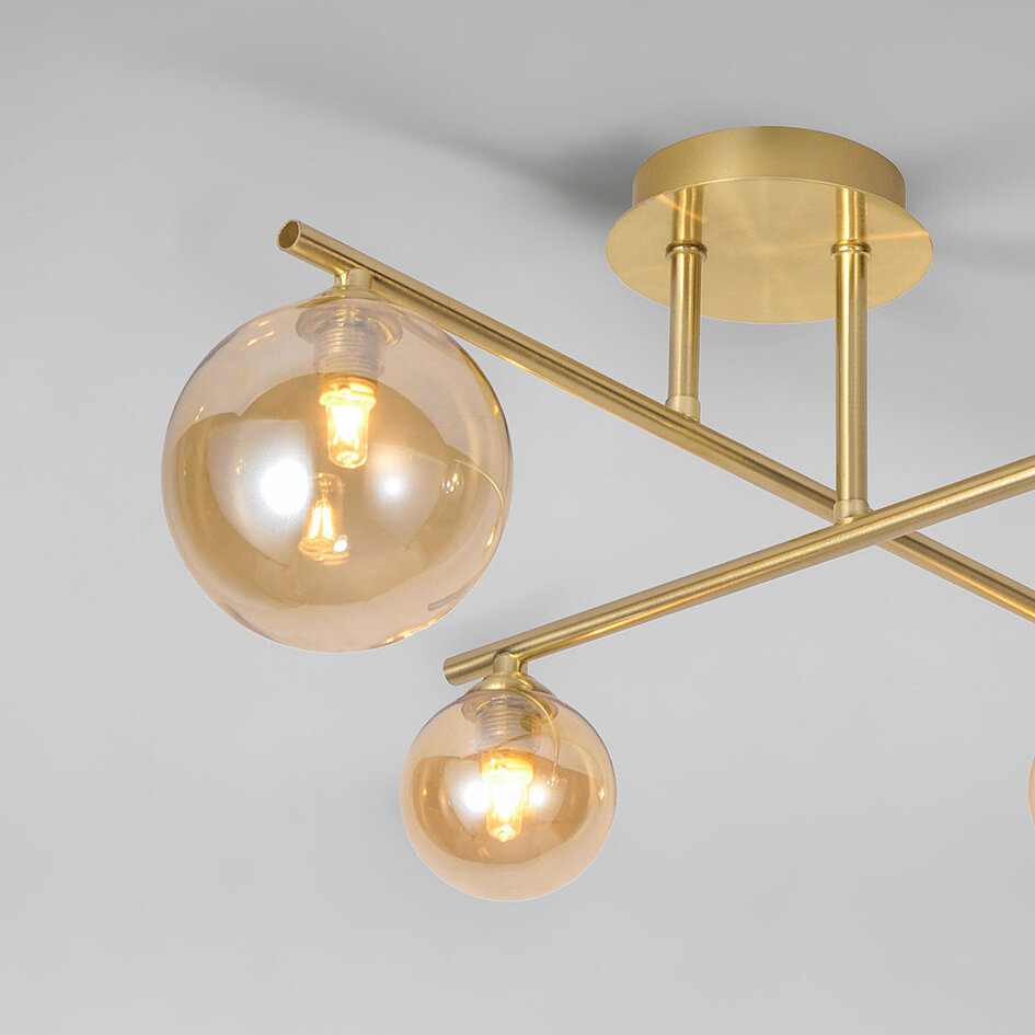 Elegante plafondlamp, 4-lichts goud met amber glas - Nymo