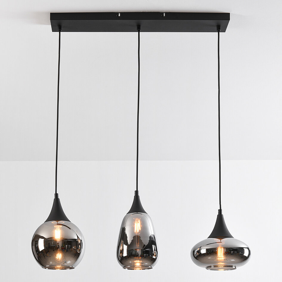 3-lichts hanglamp Lovi - zwart met smoke glas en spiegeleffect