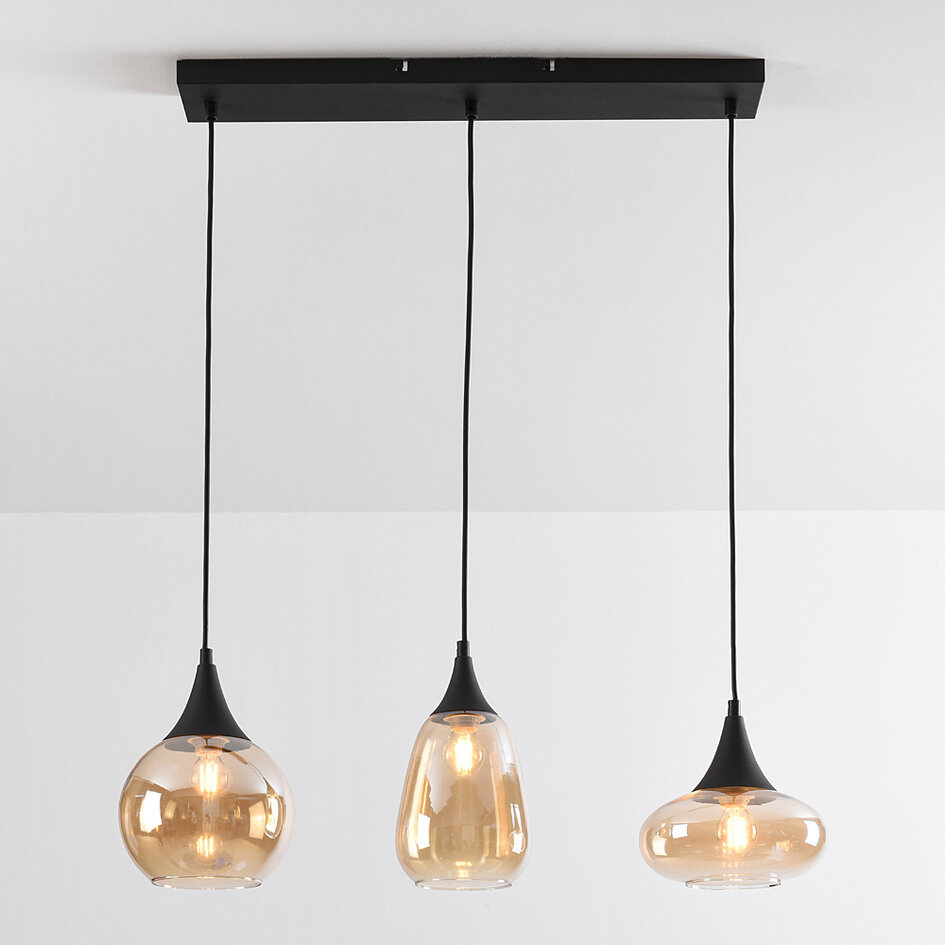 3-lichts hanglamp Lovi - zwart met amber glas