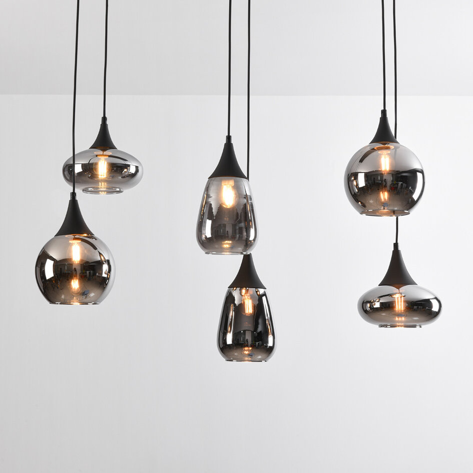 Zwarte hanglamp Loic met smoke glas, 6-lichts