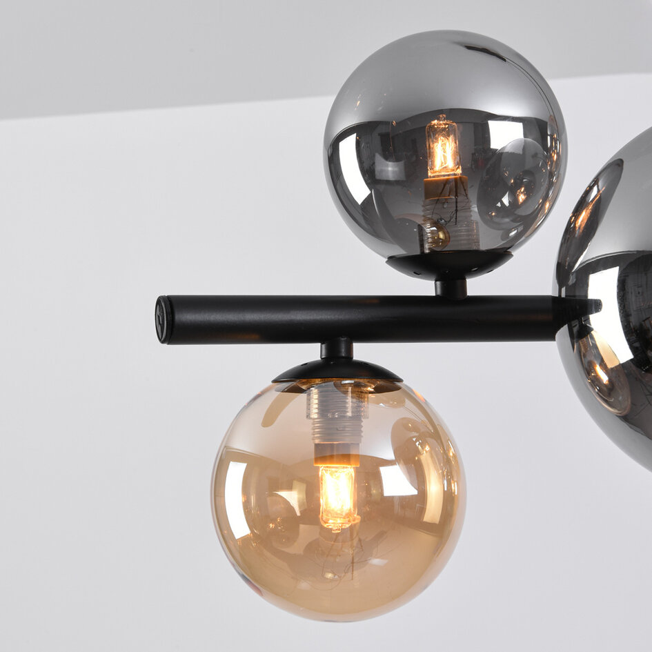Design hanglamp Deka zwart met amber en smoke glas, 10-lichts