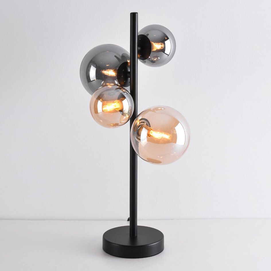 Design tafellamp Tessera zwart met amber en smoke glas, 4-lichts