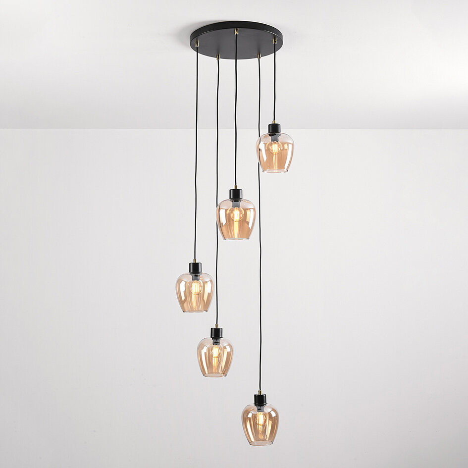 5-lichts hanglamp met amber glas - Glendale