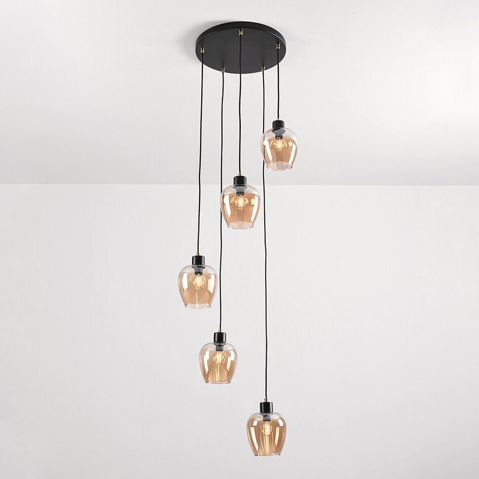 5-lichts hanglamp Glendale - amber glas