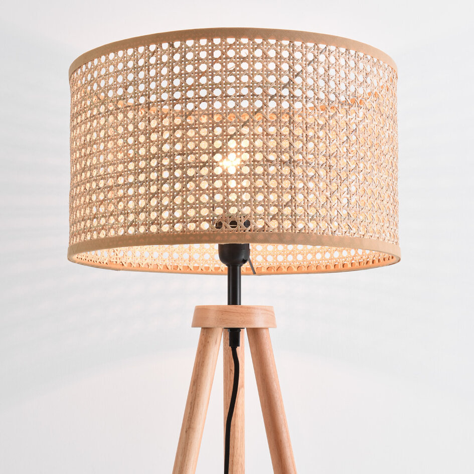 Houten vloerlamp driepoot met rotan kap - Vime