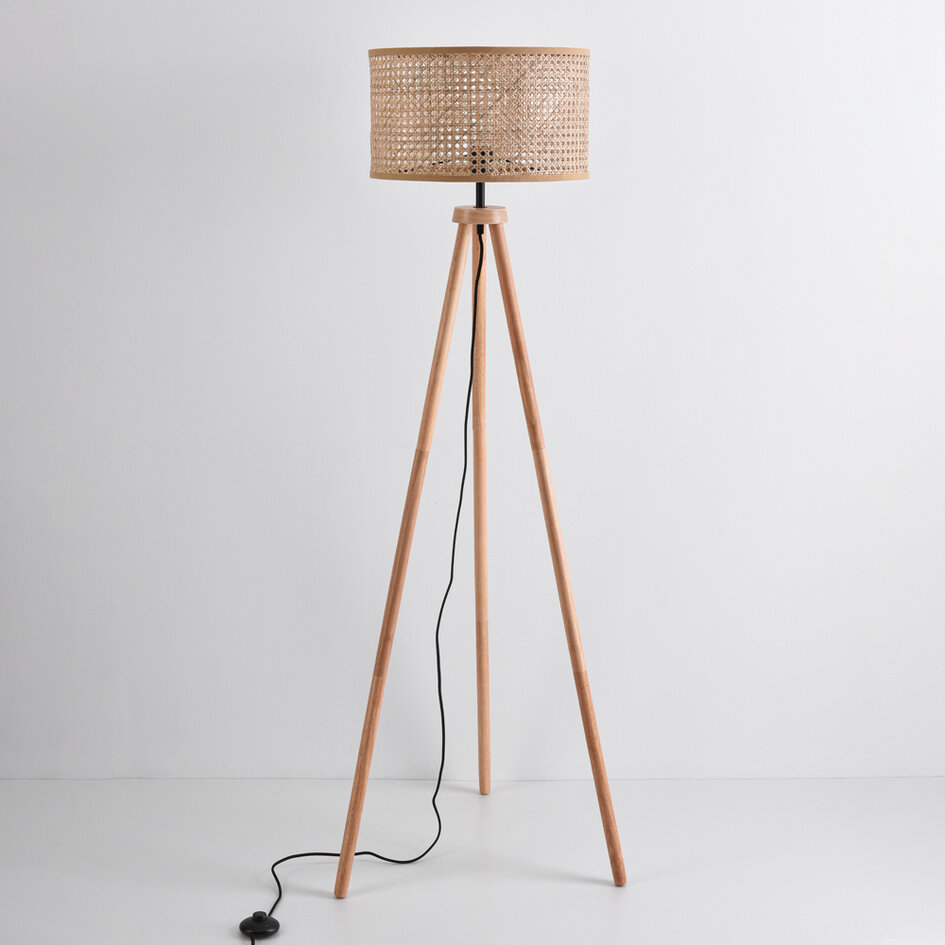 Houten vloerlamp driepoot met rotan kap - Vime