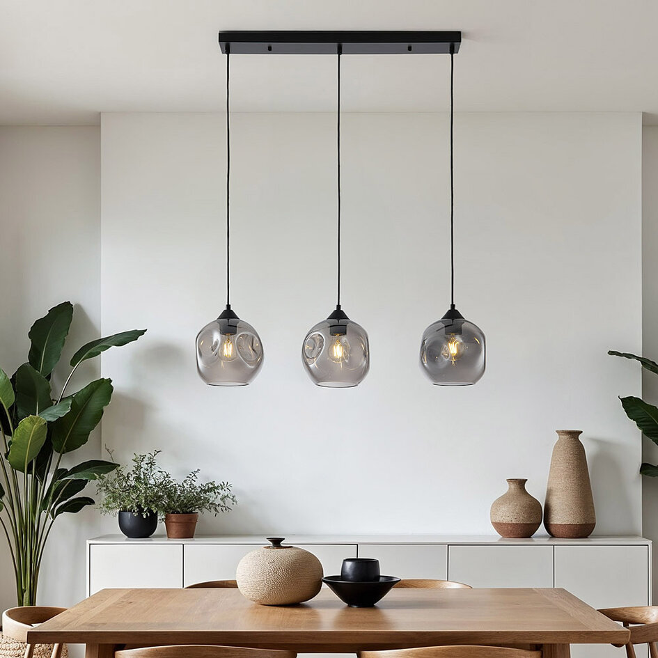 3-lichts hanglamp Fayen zwart met golvend smoke glas