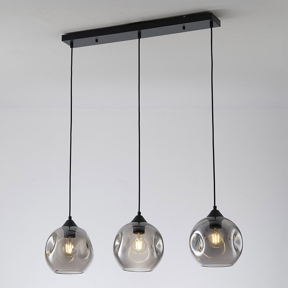 3-lichts hanglamp Fayen zwart met golvend smoke glas